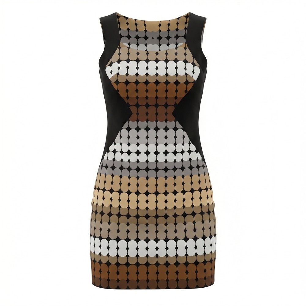 London Times Brown Geometric Circle Print Sheath Dress Black Side‎ Panels Size 4